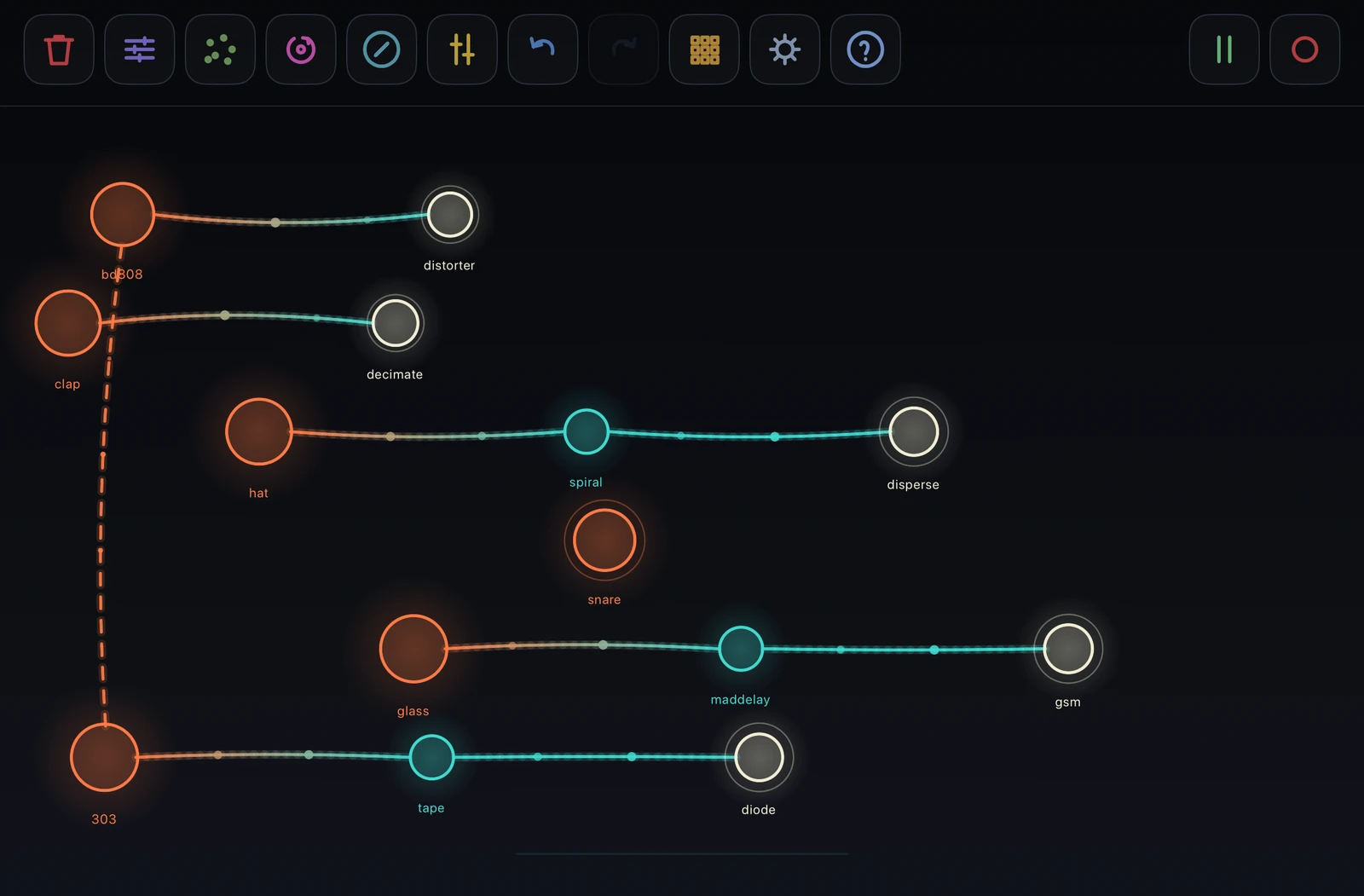 The Vascular canvas: amber generator nodes and teal processor nodes joined by glowing connections, with the key bar along the bottom