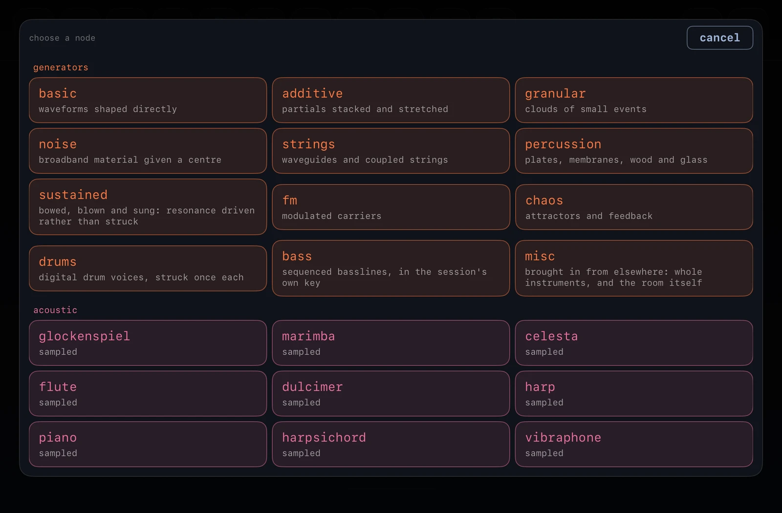 The spawn palette, showing regions of generator families and processors