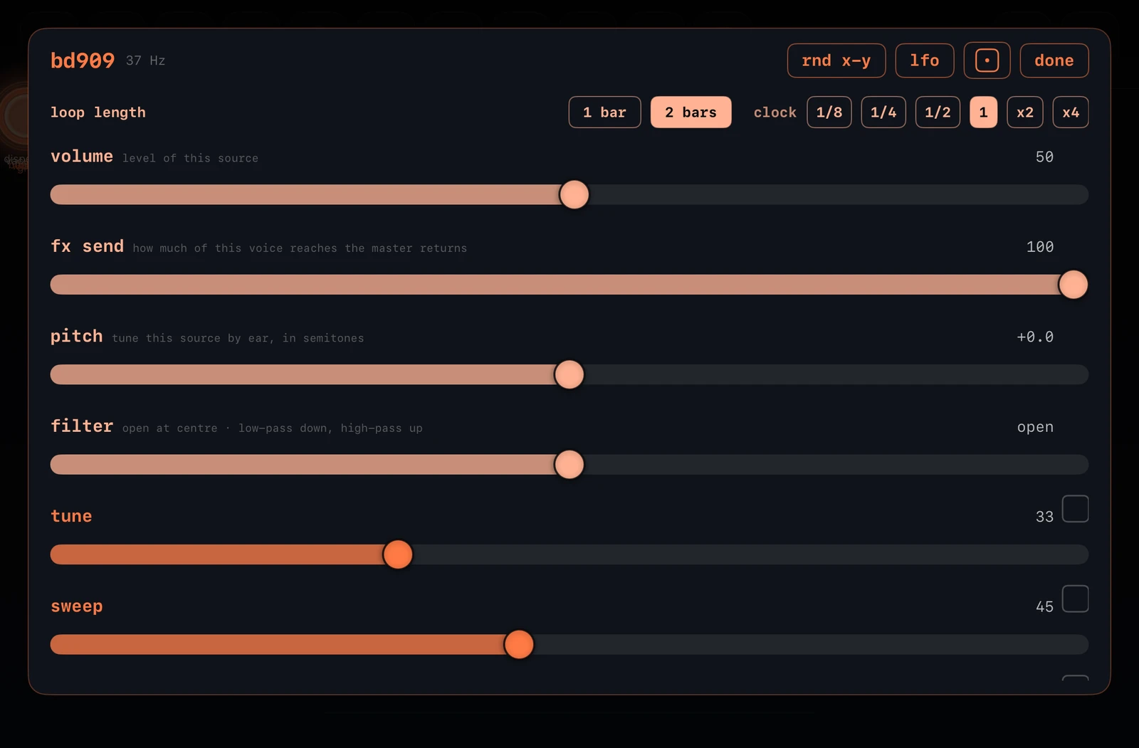 A generator node's sheet, with sliders for level, effects send, pitch, filter and its own synthesis parameters