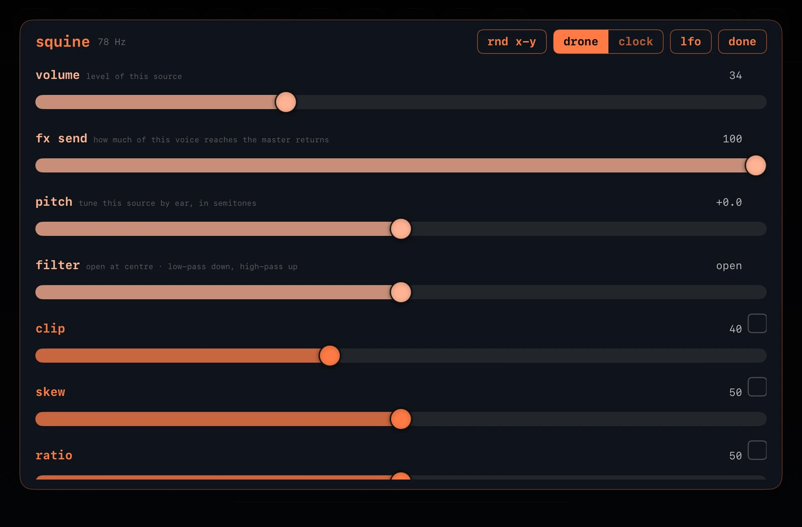 A node switched to drone, its sheet showing no loop length or clock division
