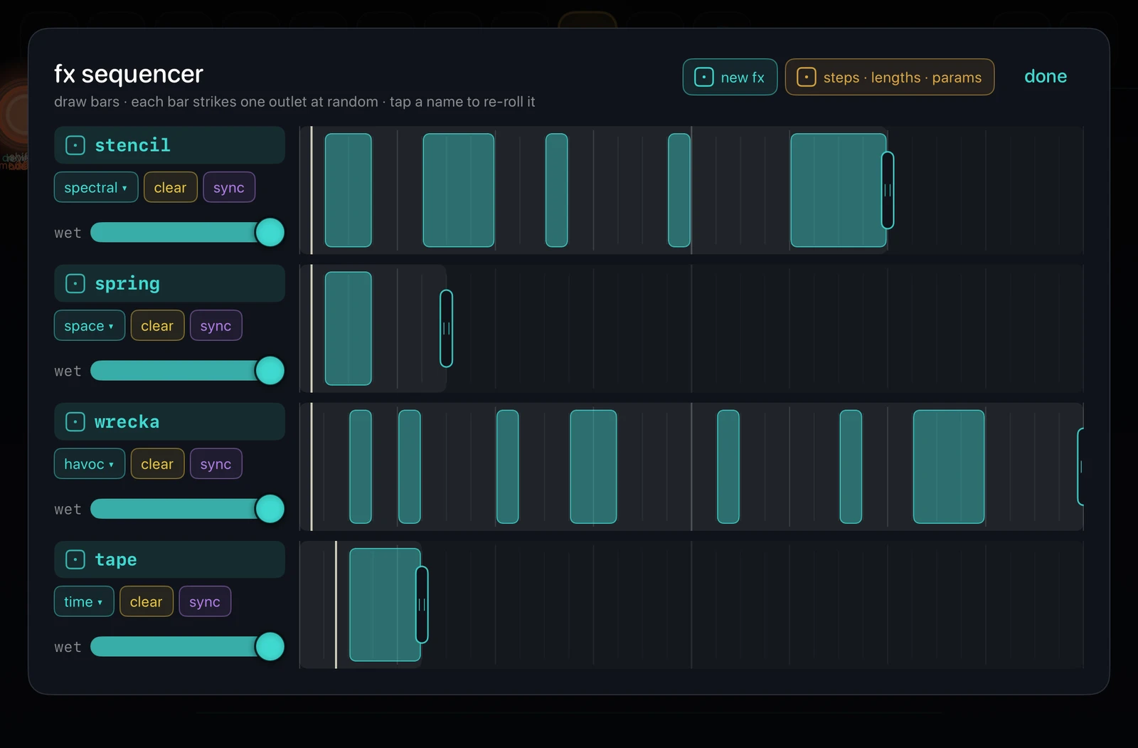 The fx sequencer: four lanes of sixteenths, each named for a processor, with bars drawn across them at different lane lengths