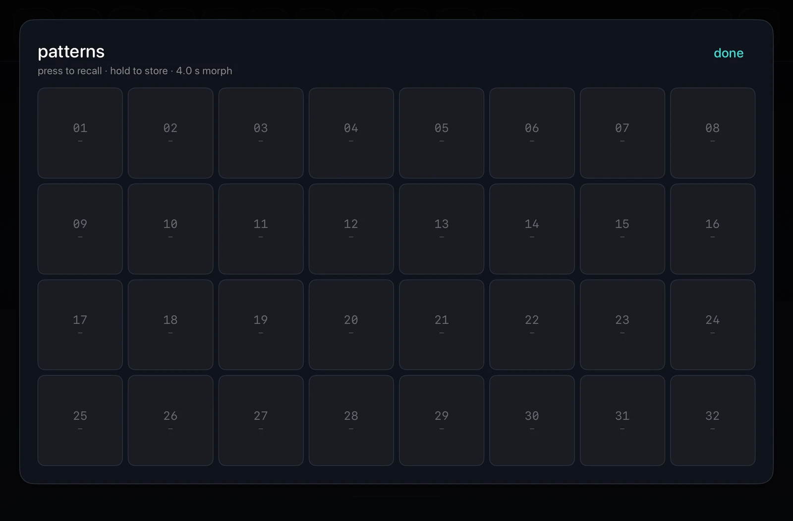 A grid of thirty-two pattern slots, several stored, with a morph time
