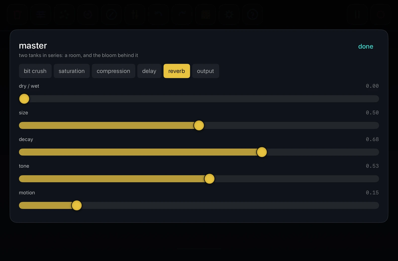 The master effects chain, open on its reverb stage