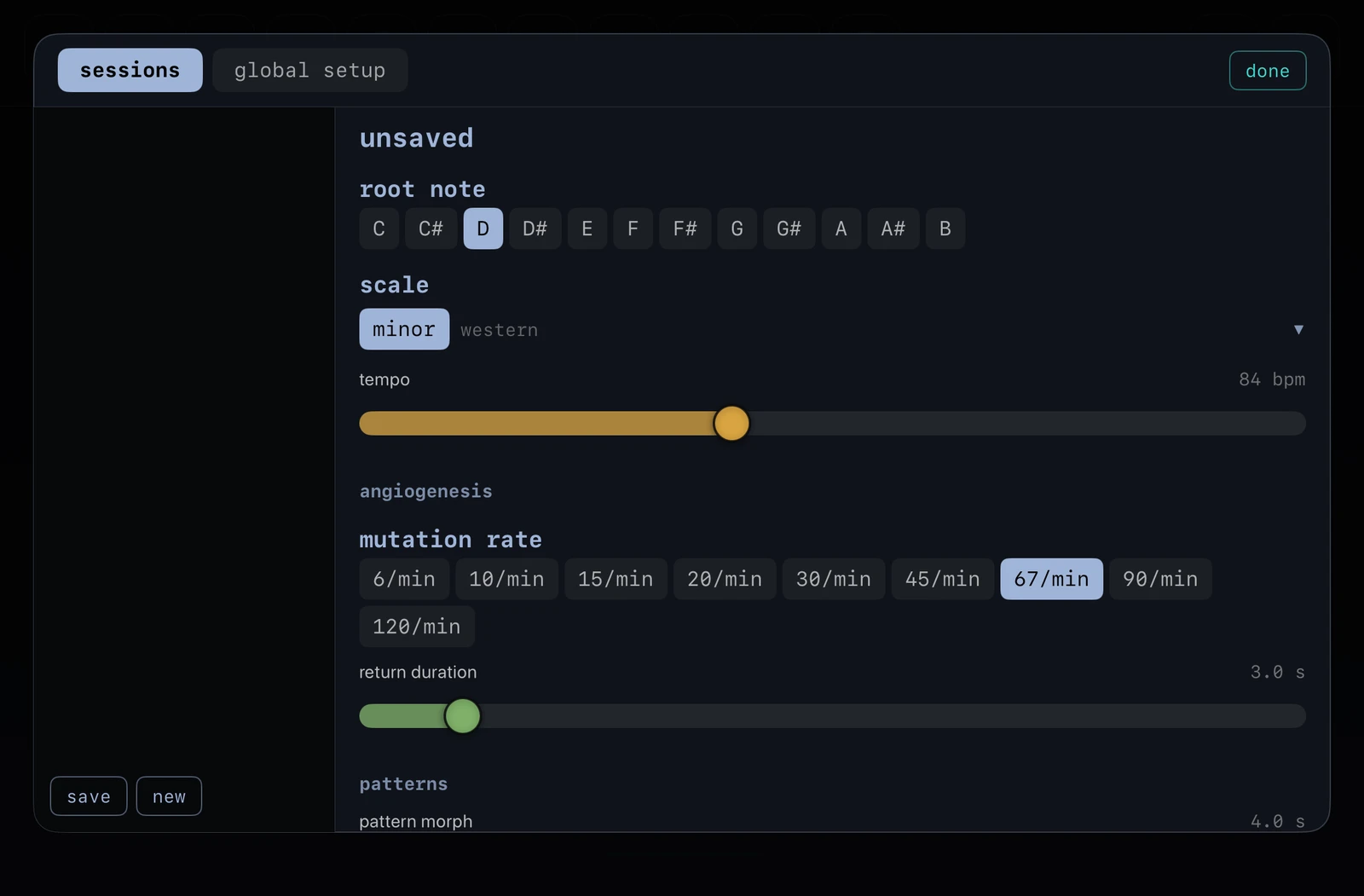 Session settings: root note, scale, tempo, mutation rate and pattern morph, with the session list down the left