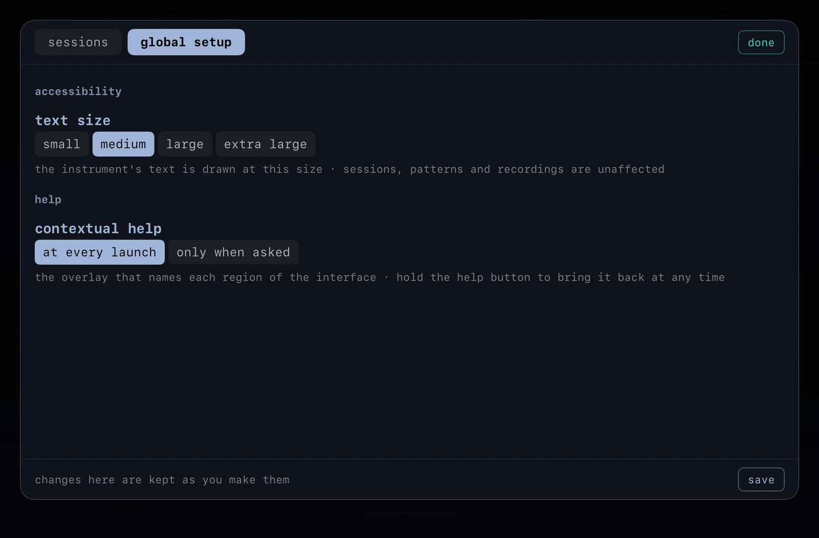 The global setup tab, headed accessibility, with text size from small to extra large