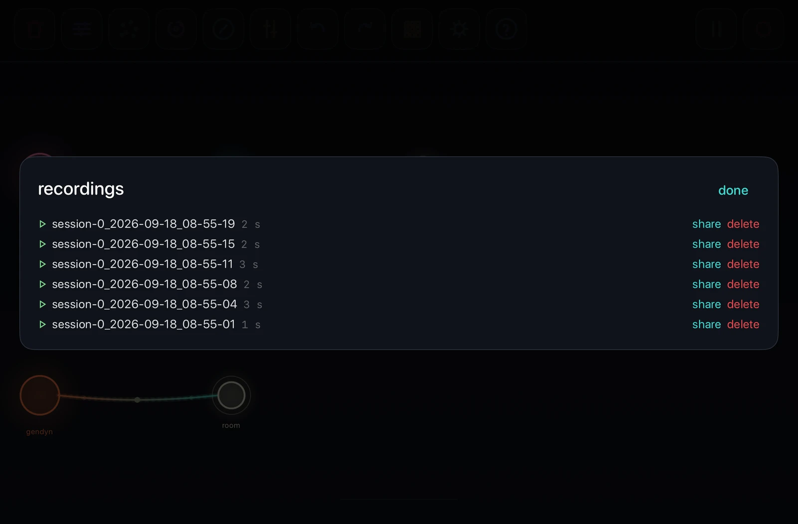 The takes list, with play, rename, share and delete beside each recording