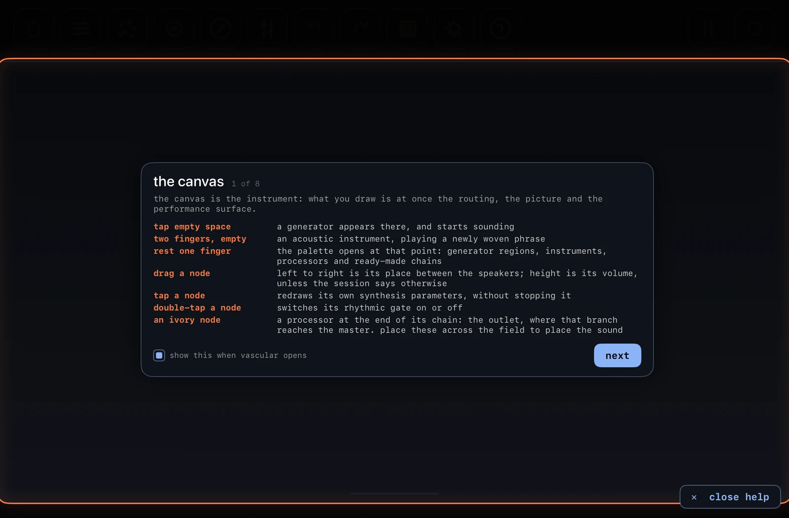 The contextual help overlay naming a region of the interface over the live canvas